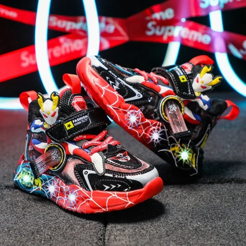 Obracanie guzików dziecięce trampki buty dziecięce kreskówkowe buty do biegania Anime lekkie podświetlane buty na zewnątrz na co dzień chłopięce