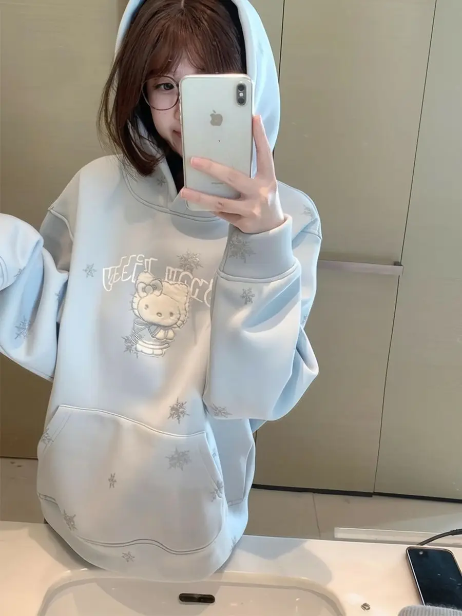 

Kit Embroidered Hoodie Women's Fce Lined Sweatirt Snowflake Silver Heat Transfer Sweet Korean Sle Winter New Design Top