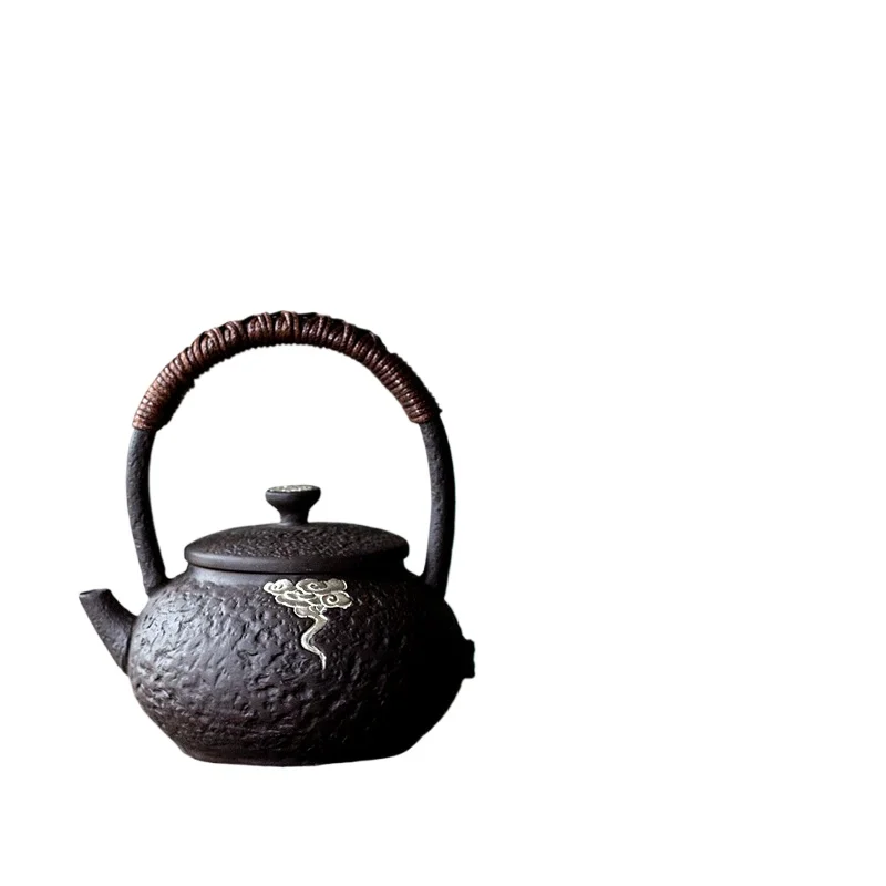 

*Antique Black Pottery Drawing Silver Beam Pot Handmade Warm Tea Stove Set, Retro Tea Maker Household Siege Stove Tea Stove