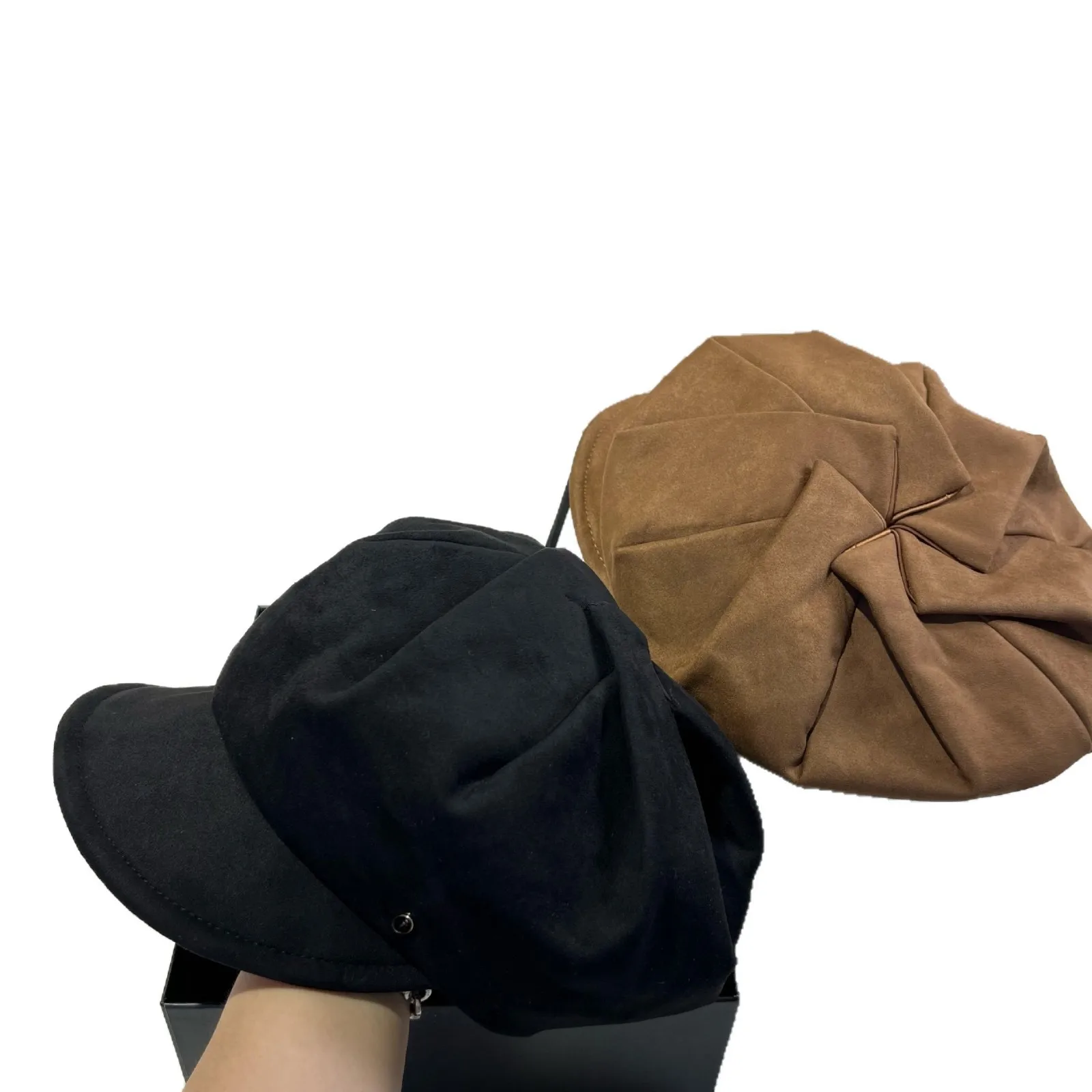 벨벳 스웨이드 베레모, 여성용 빈티지 가죽 뉴스보이 캡, 가을 겨울용 우아한 오버사이즈 베이커 보이 클로슈