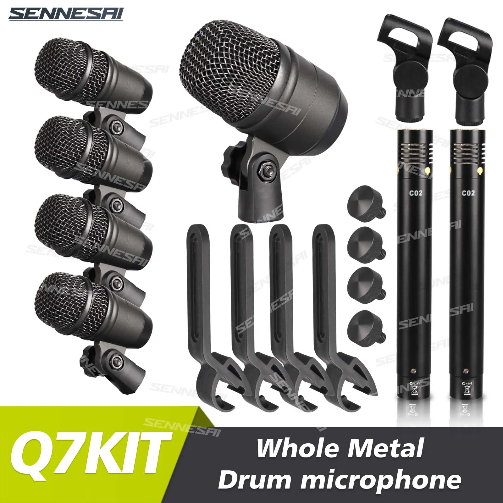 HOT Q7KIT C02 7-Piece Wired Dynamic Drum Microphone (Whole Metal)- Kick Bass, Tom/Snare & Cymbals Mic With Plastic Box Set