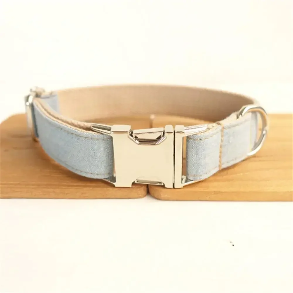 Personalized Dog Collar with Free Engraving, Matching Pet Leash,Customzied Contacts Metal Buckle,Light Blue Jean Pet Collar