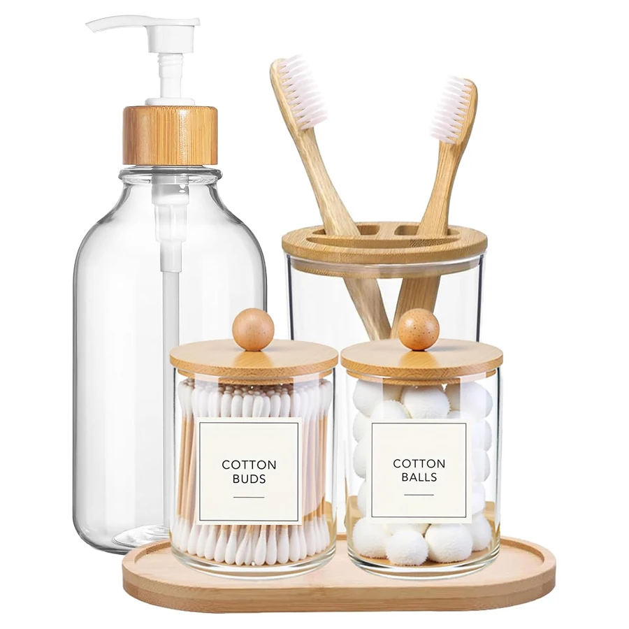 5 Pack Bamboo Bathroom Accessories Set with Tray - Plastic Soap Dispenser Clear Toothbrush Holder and 2 Qtip Holder Cotton Ball