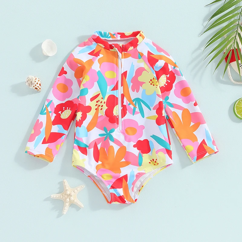 

Infant Baby Girl Summer Rash Guard Swimsuit Long Sleeve Zip Up Floral Bathing Suit Swim Bodysuit Beachwear