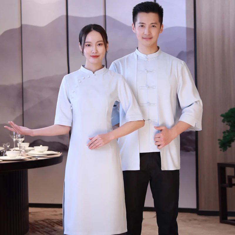 

Waiter work clothes men's summer new Chinese style short sleeve dress tea restaurant upscale club Chinese restaurant foot bath s