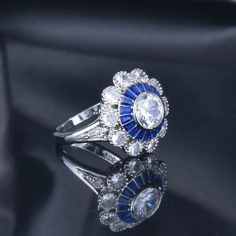 925 Silver New Square Diamond Ring Luxury Full Diamond Blue Snowflake Engagement Rings for Women Party Ladies Jewelry Gift