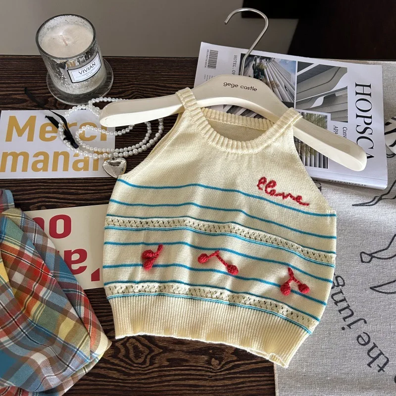 الفتيات مجموعة 2025 صيف جديد ملابس أطفال الكورية نمط طفلة محبوك التطريز نصف سترة جراب السراويل قطعتين عادية #5