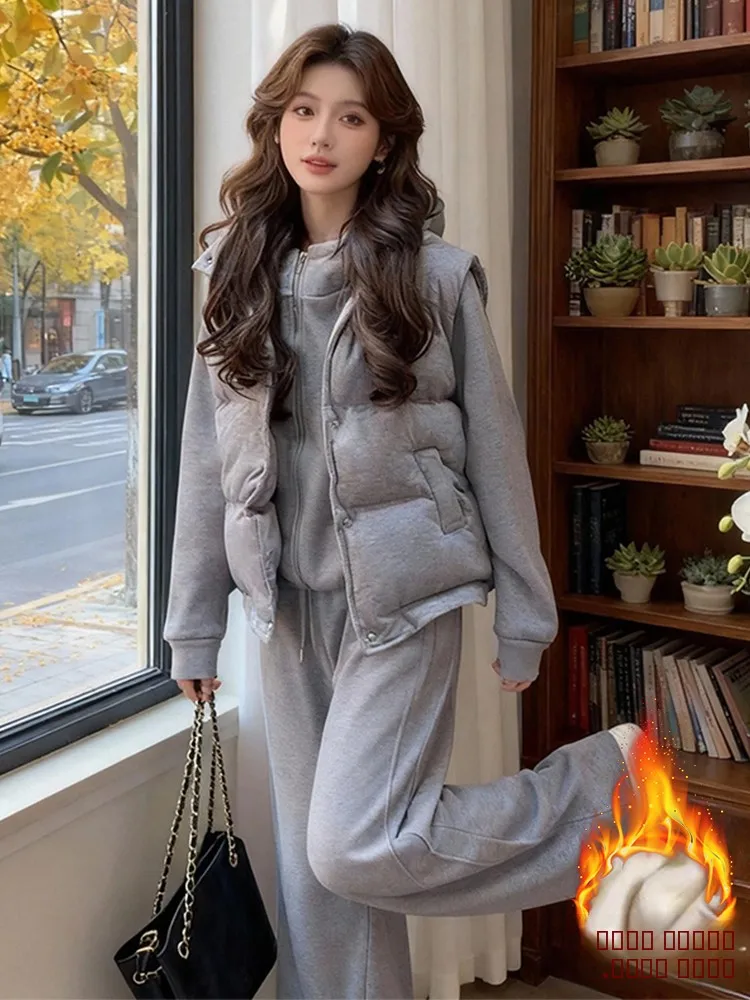 

Зима 2026, женский свободный свитшот, широкие брюки, жилет, футболка, комплект Fce Thi, повседневный спортивный костюм, длинная молния