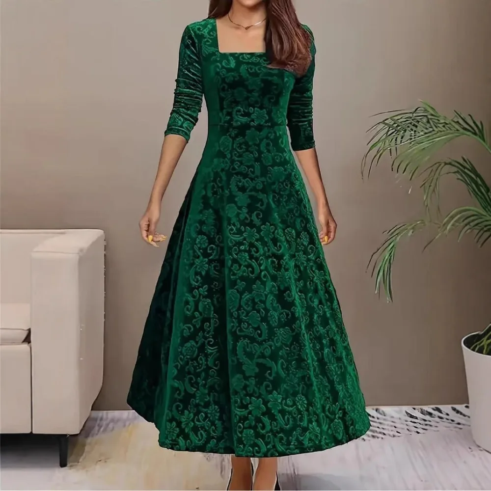 Women Elegant Solid Jacquard Velvet Long Sleeve Square Neck Dress Loose Fit Soft Warm Breathable Flattering Comfy Party