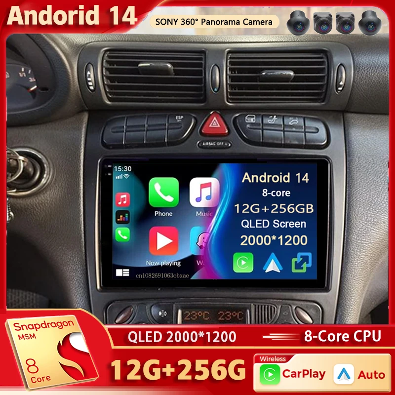 Android 14 For Benz C Class W203 2005-2009 C200 C230 C240 C320 C350 2K QLED Stereo Car Radio Multimedia Video Player GPS CarPlay