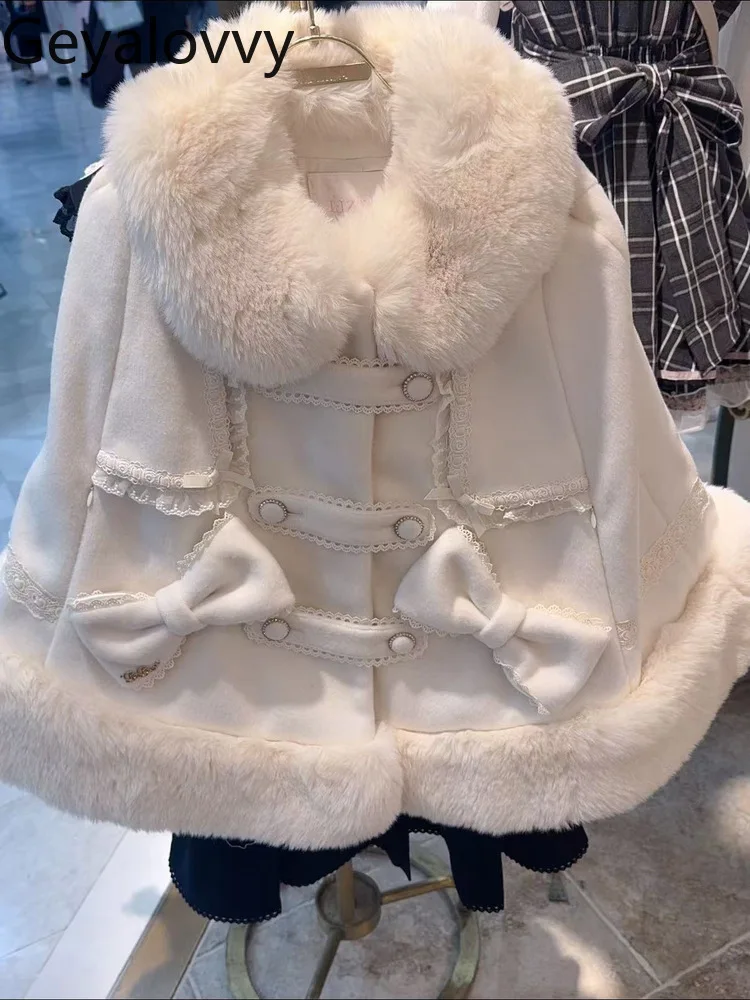 

Winter French Elegant Design Lace Trim Bow Cape Coat Gentle Sweet Girls Versatile Turn-Down Collar Thick Woolen Overcoat