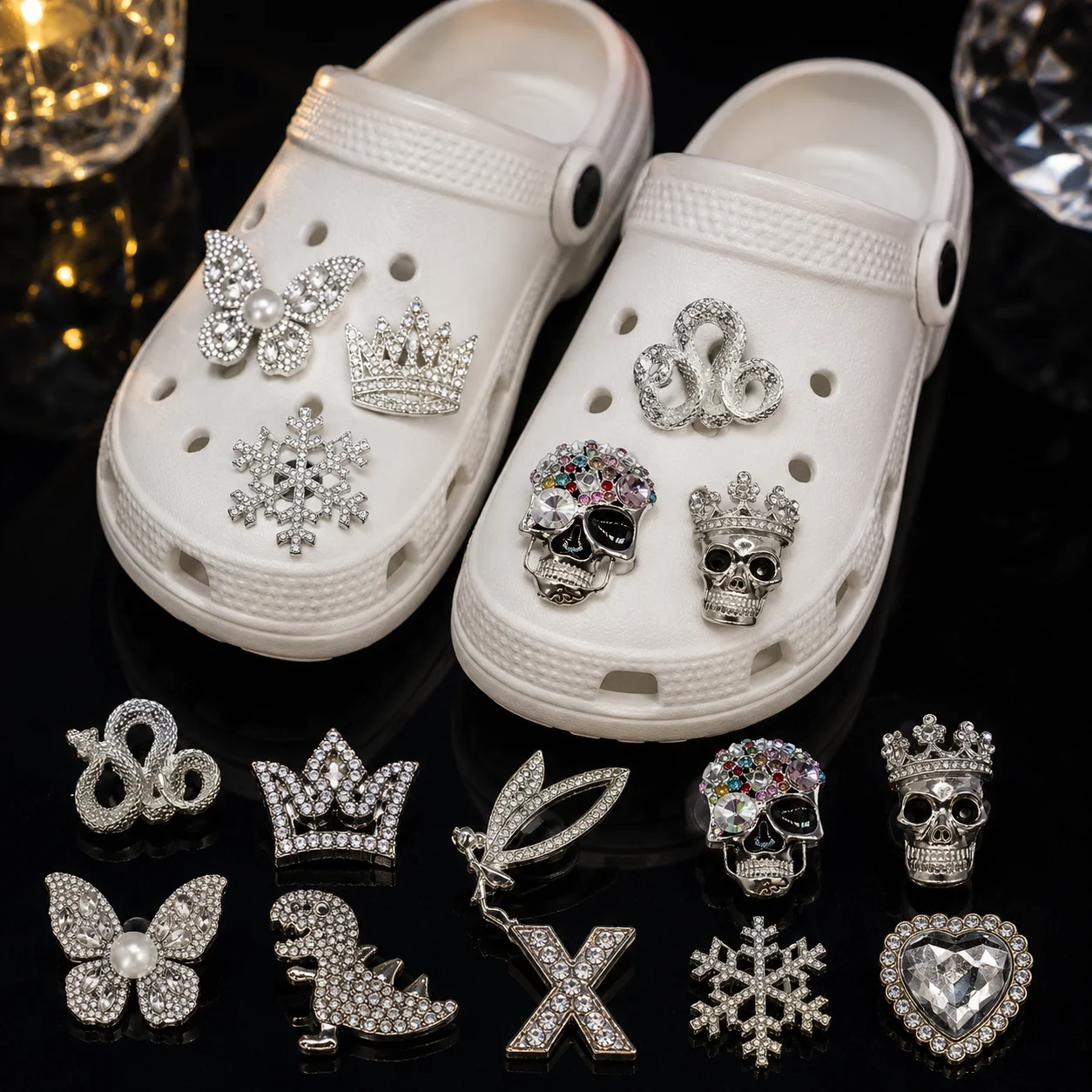 1/1PCS Luxury Metal Shoe Charms Set Rhinestone Skull Crown Butterfly Detachable Pins for Clogs Fashion Gothic Glam Accessories