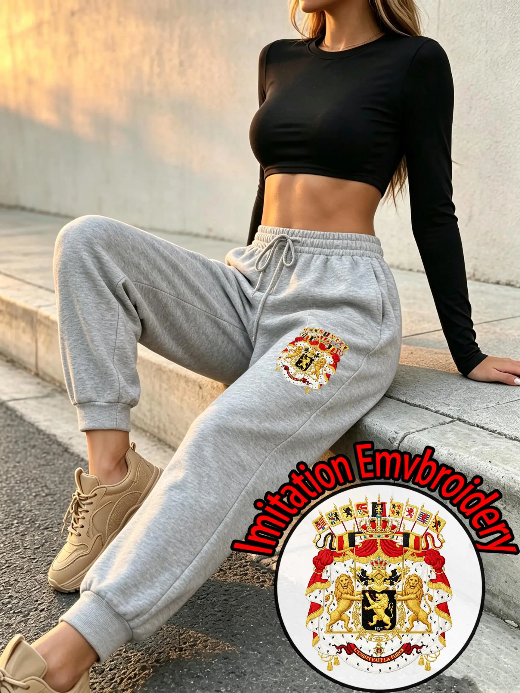 Belgium Imitation Embroidery Print Womens Sweatpant Fleece Long Jogging Pants Hip Hop Comfortable Trousers Autumn Y2K Sportpant