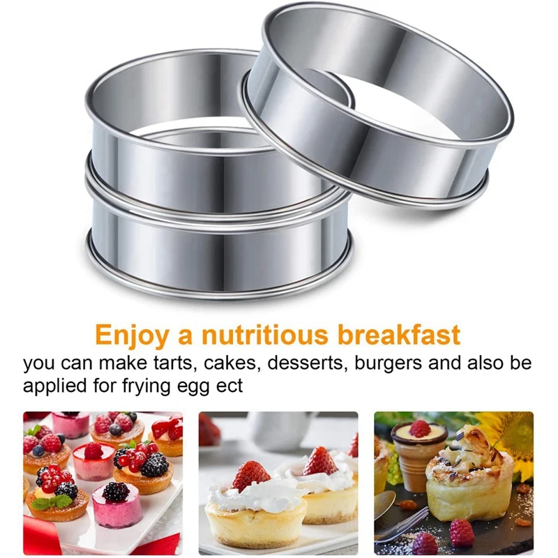 24 Pieces 3.15 Inch Double Rolled Tart Rings Stainless Steel Round Muffin Rings Metal Crumpet Rings Molds