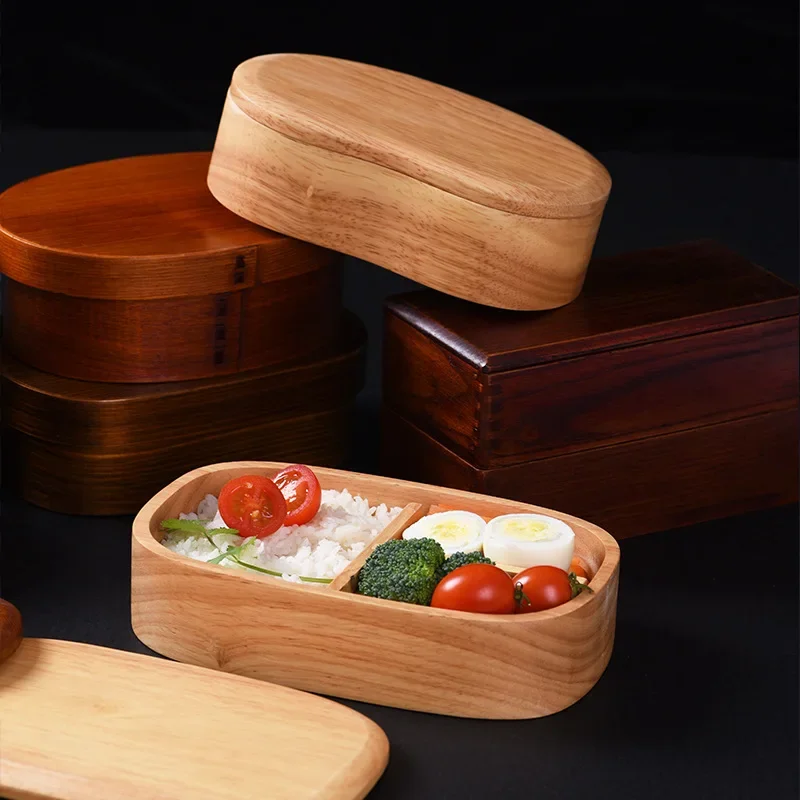 Wooden Lunch Box Picnic  Japanese Bento Box for School Kids Dinnerware Set with Bag&Spoon Fork Chopsticks Round Square Lunch