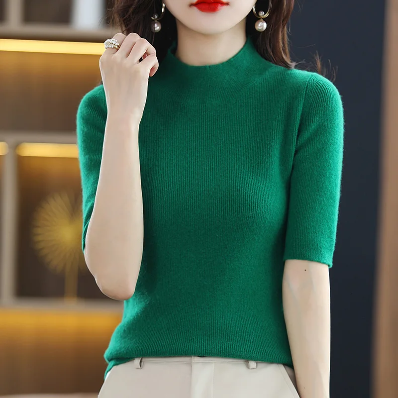 Mới Nửa Cao Cổ Cashmere Áo Len Nữ Áo Thun Cổ Tay Ngắn Áo Len Ngắn Tay Nữ