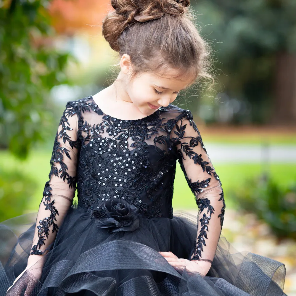 Vestidos de niña de flores de manga larga en blanco y negro, vestidos de boda de tul con volantes de encaje para desfile de niños, vestido de cumpleaños para niña hecho a medida