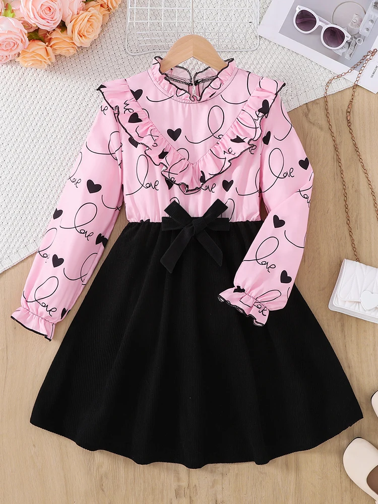 Autumn And Winter Girls' Casual Sweet And Cute Adjustable Waistband Long Sleeved Heart-Shaped Printed Dress
