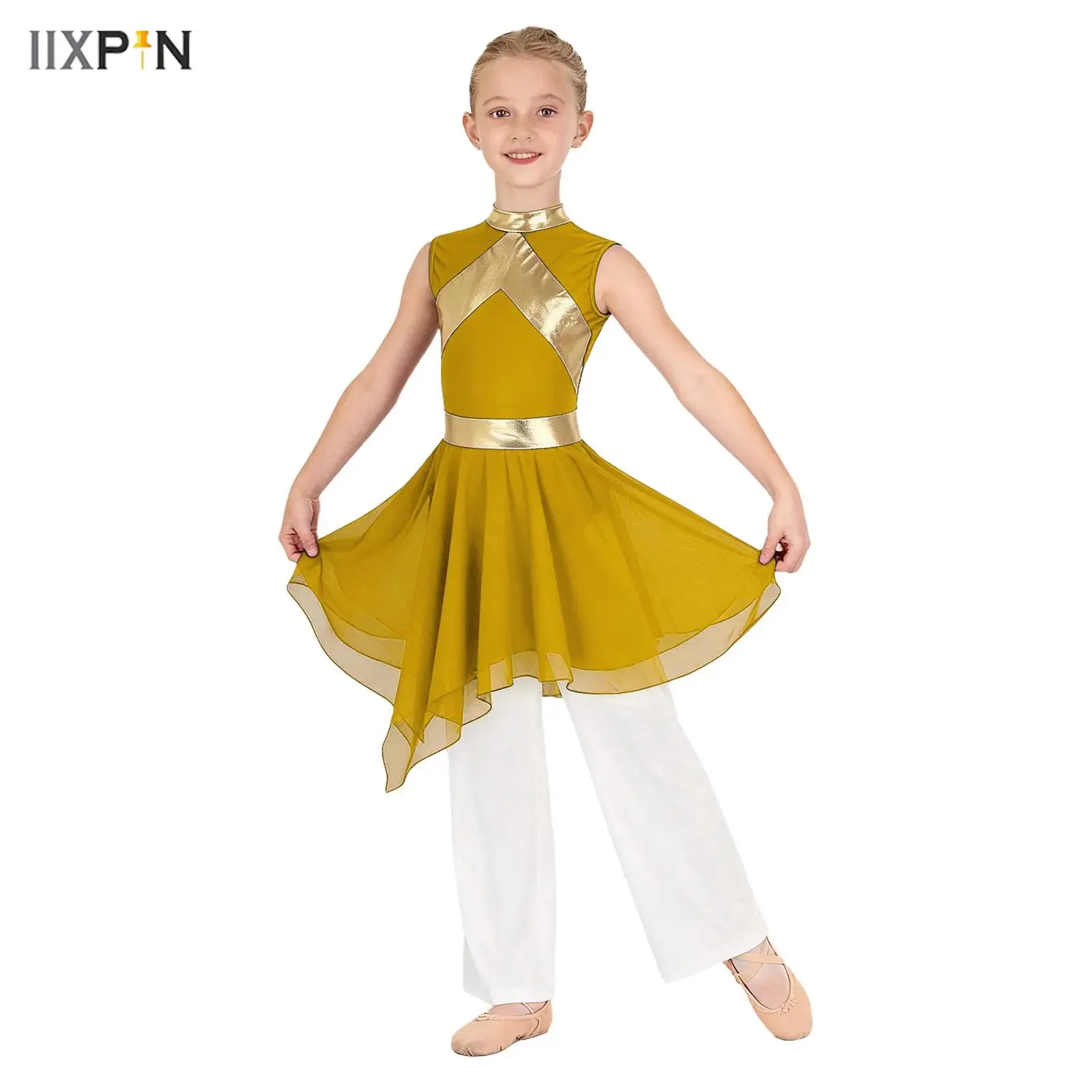 

Kids Girls Liturgical Praise Dance Outfit Metallic Contrast Color Sleeveless Asymmetrical Hem Dress with Wide-Leg Pants 2Pcs/Set