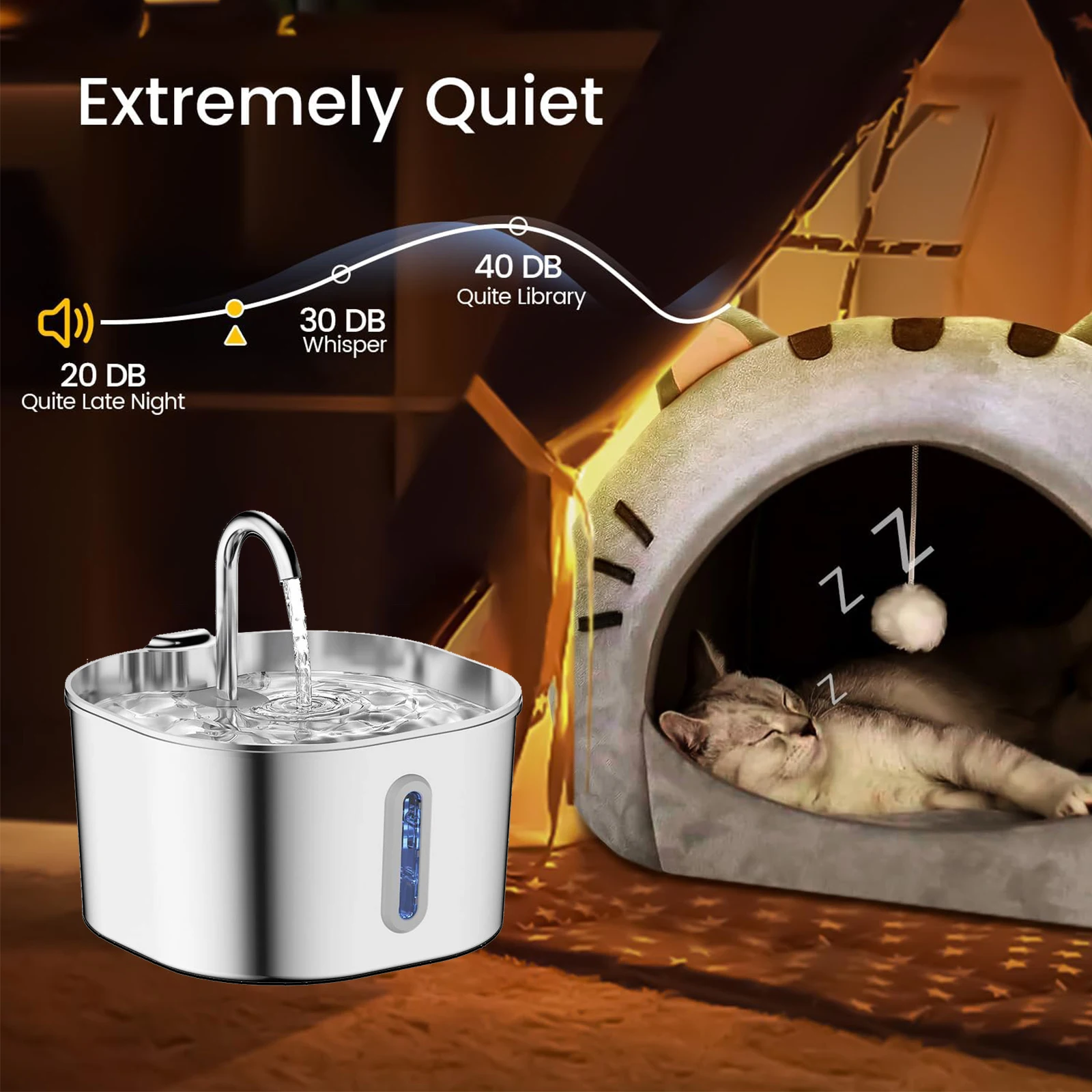 Edelstahl Katzen-Trinkbrunnen 2,2l Ultra-Leiser Haustier-Wasserbrunnen mit Filter Sichtfenster Wasserstandsanzeige LED-Licht – Detail 3