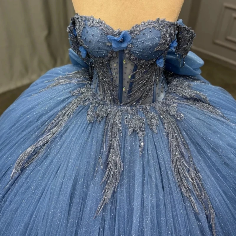 الأزرق الداكن لامعة الكرة ثوب فساتين Quinceanera قبالة الكتف زين الدانتيل الخرز القوس المتدرج تول حفلة عيد ميلاد الحلو 16 فستان