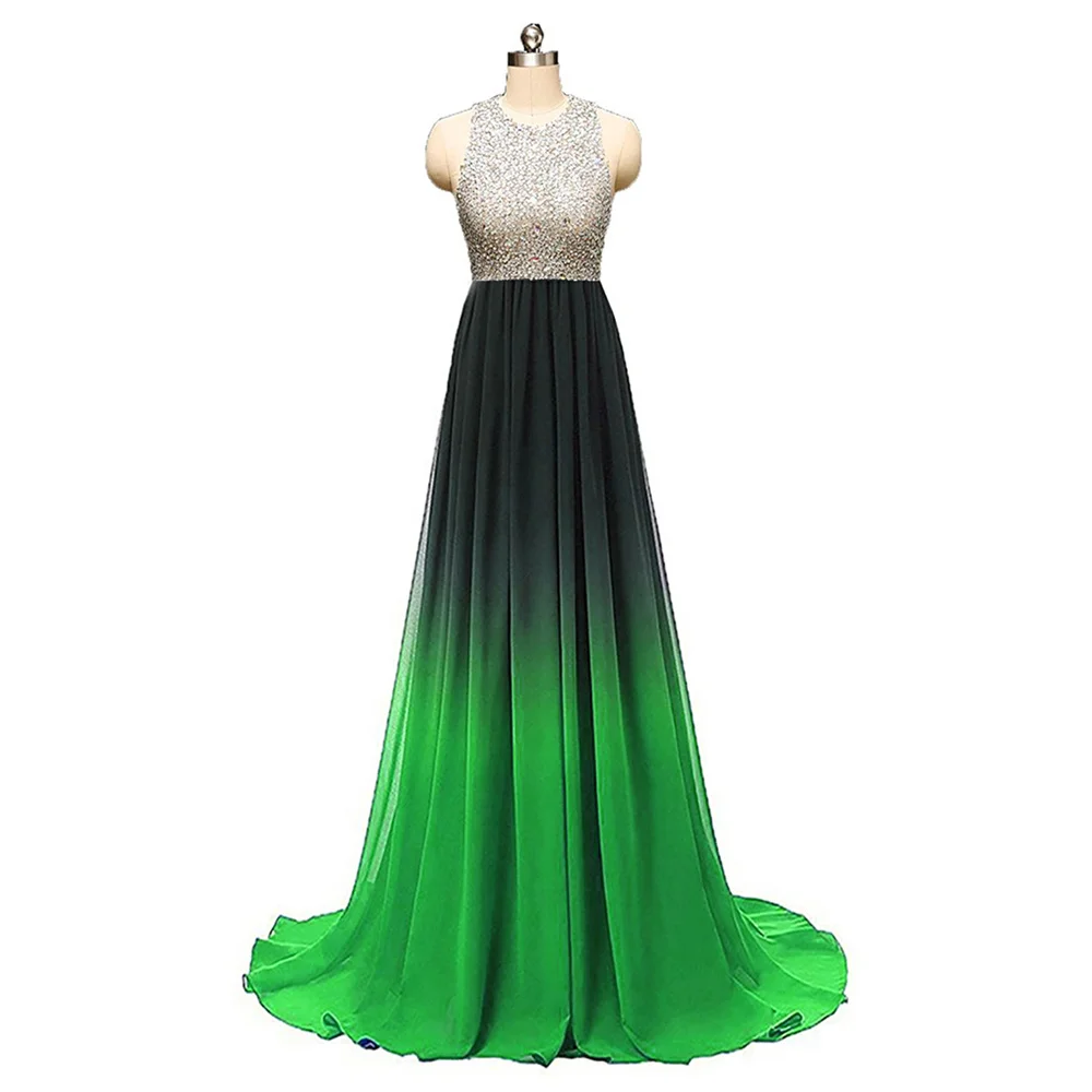 Geleidelijke Chiffon Kralen Kristallen Elegante Halter Bruidsmeisje Jurken Wedding Feestavond Formele Prom Floor Lengte Hof Trein