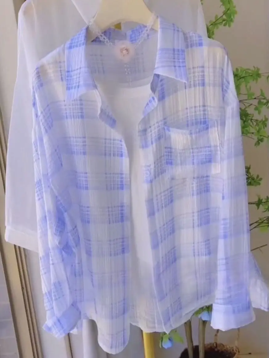 

Summer Long Sve Sun Protection irt Thin Loose Casual Open Cardigan ular Plaid Top Korean Sle Commute Wind irt