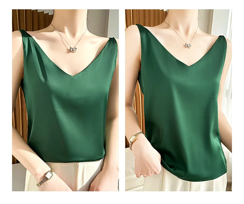 Seidensatin-Damen-Tanktop mit doppelter Schulterpartie, V-Ausschnitt, ärmelloses Top, T-Shirt, elegantes Crop-Top, solide, lässig, Basic, 2025, Sommer – Detail 32
