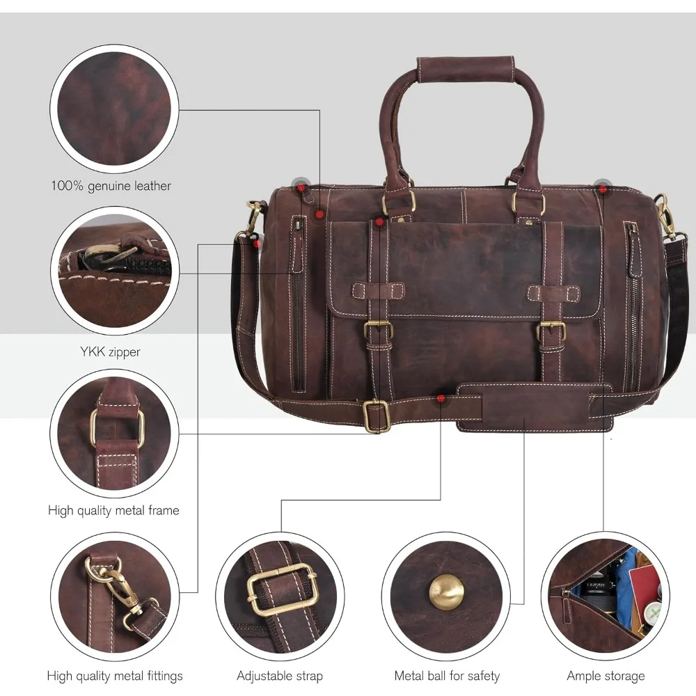 حقيبة دفل من الجلد الطبيعي للرجال - حقيبة سفر عتيقة لعطلة نهاية الأسبوع للحمل أثناء الليل واستخدام الصالة الرياضية