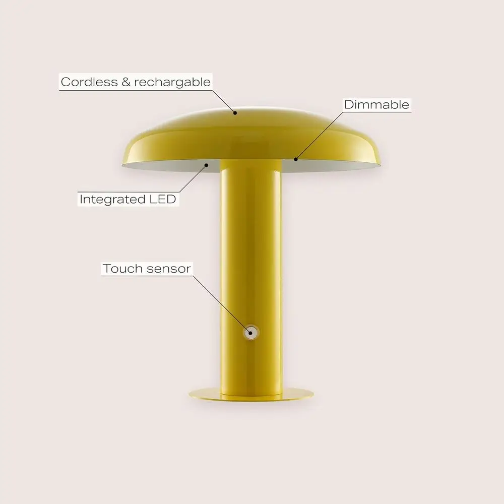 11 Contemporary Mushroom Table Lamp - Rechargeable/Cordless, Ideal for Reading, Living, Office, and Bedroom, Yellow view 2