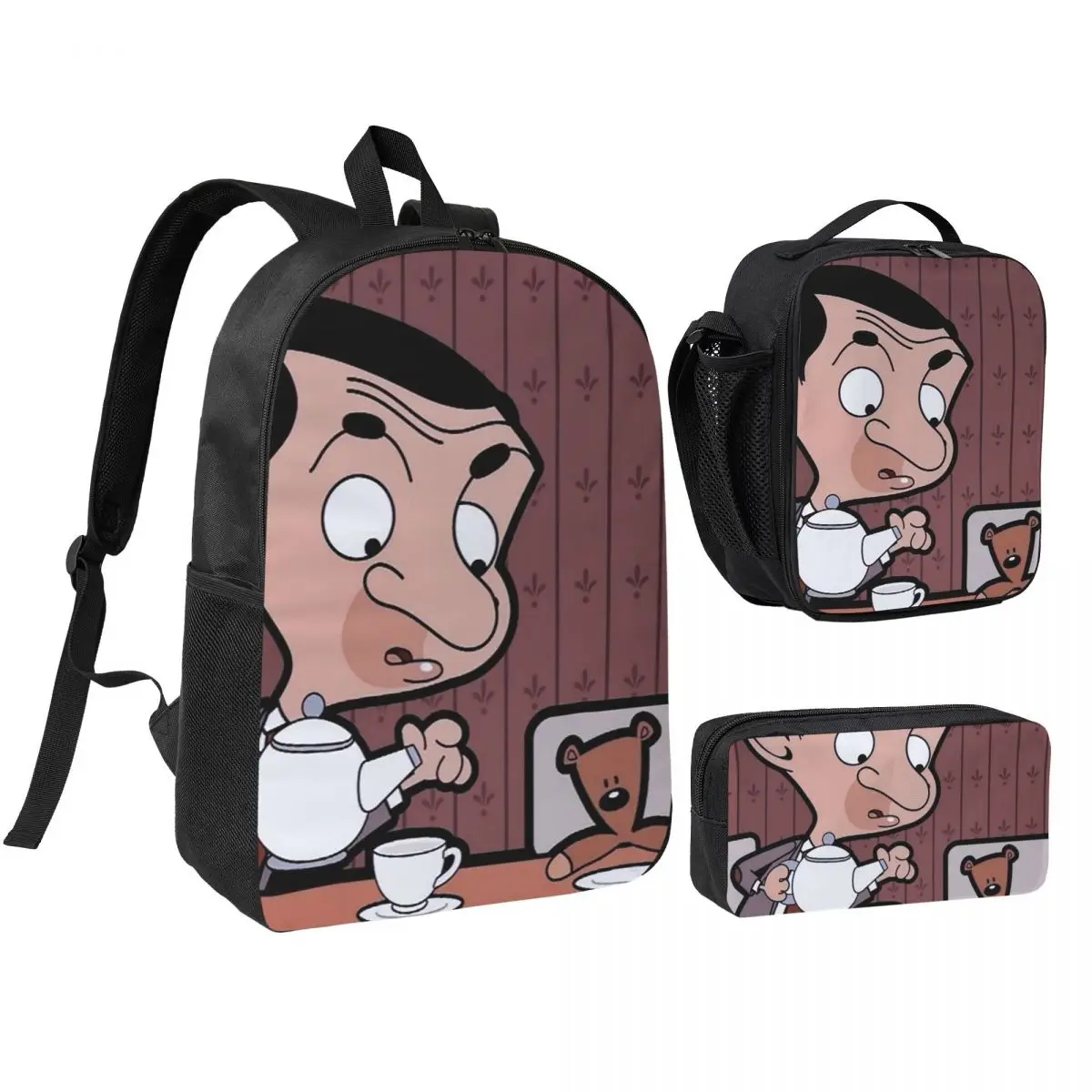 

Mr. Bean Cartoon Backpack Boys Girls BookBag School Bag Shoulder Bags 3ps Insulated Lunch Bag Pencil Case