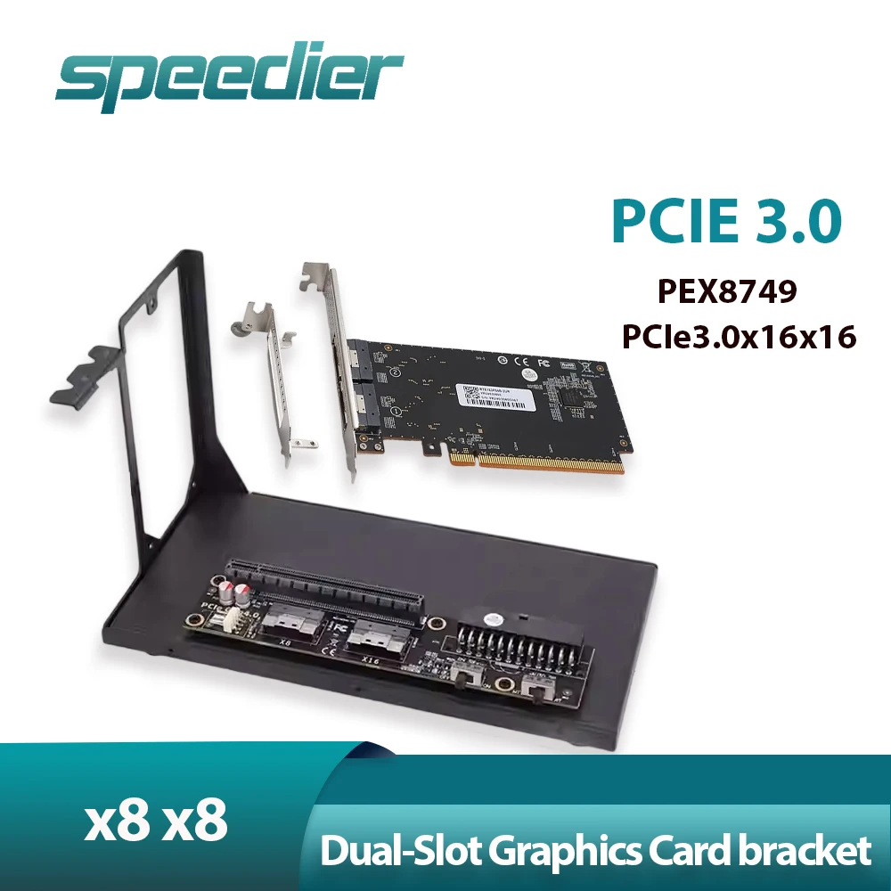 Dual-width Dual-slot Graphics Card Bracket with Direct Pass X8x8 Expansion PEX8749 PCIe 3.0 X16x16 ATX Power SlimSAS Supply