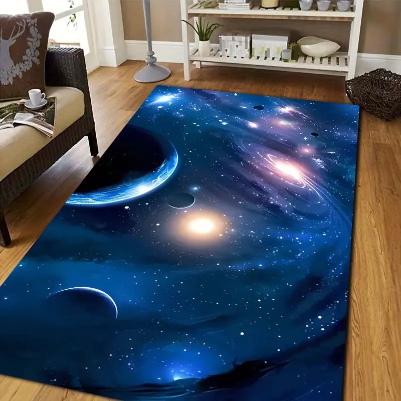 Space Galaxy Nebula Planet Print Flannel Area Rug Non‑Slip Soft Floor Mat For Couch Bedroom Living Room Indoor Home Decor Gift