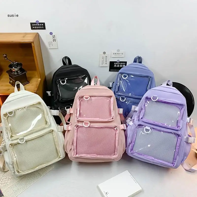 X7ya mochila escolar nylon, capacidade, japonesa, transparente, bolso, para anime, emblemas, exibição pinos