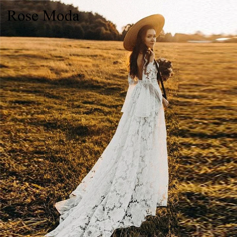 

Rose Moda Deep V Neck Ivory and Champagne Long Flare Sleeves Lace Bohemian Wedding Dress Boho Bridal Gown Real Photo