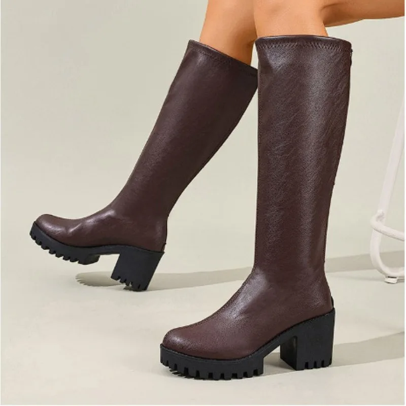 Autumn Winte Knee-high Boots Leather/Flock High Heels Coarse Following Platform Height Increasing Knight Boots for Women Shoes