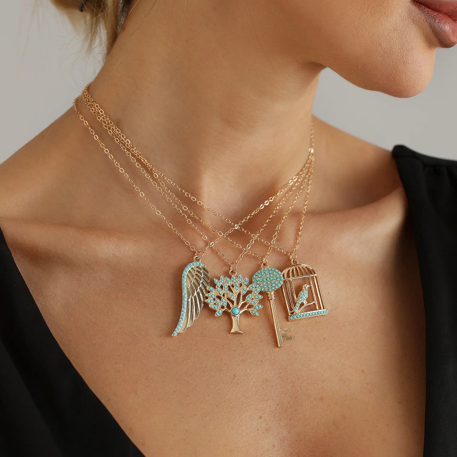 Cross border jewelry Tree of Life turquoise embellished necklace ins retro style hollow design collarbone fine chain