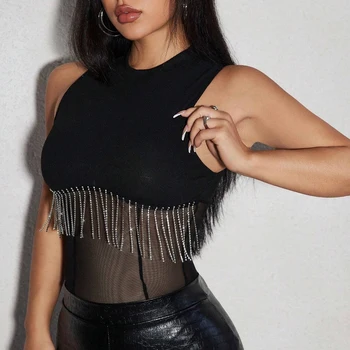 Mia Muse Kadın Tulumlar ve Tulumlar Tüm Mevsimler Seksi Köpüklü Püskül Kolsuz Yuvarlak Yaka Parti Lüks Clubwear Kıyafetleri