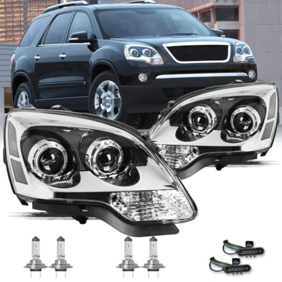 

Headlight Assembly Compatible with 2007-2012 GMC Acadia Factory Halogen Type OE Style Replacement Dual Projector Headlamp Chrom