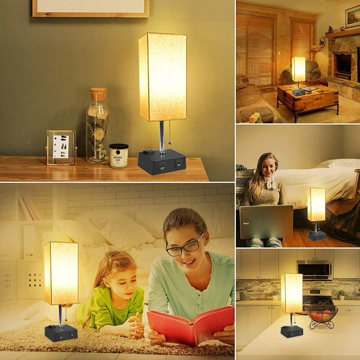 With Dual USB Ports Outlets Fabric Shade Multifutional Bedside Lamp Table Desk Lamp