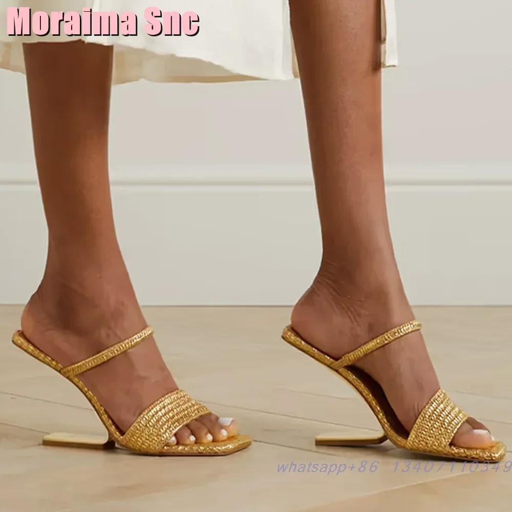 Golden Square Toe Strange Heel Slippers Ankle Strap Solid Sexy Fashion Women's Summer Slides Banquet Outdoor 2026 Newest Slip On