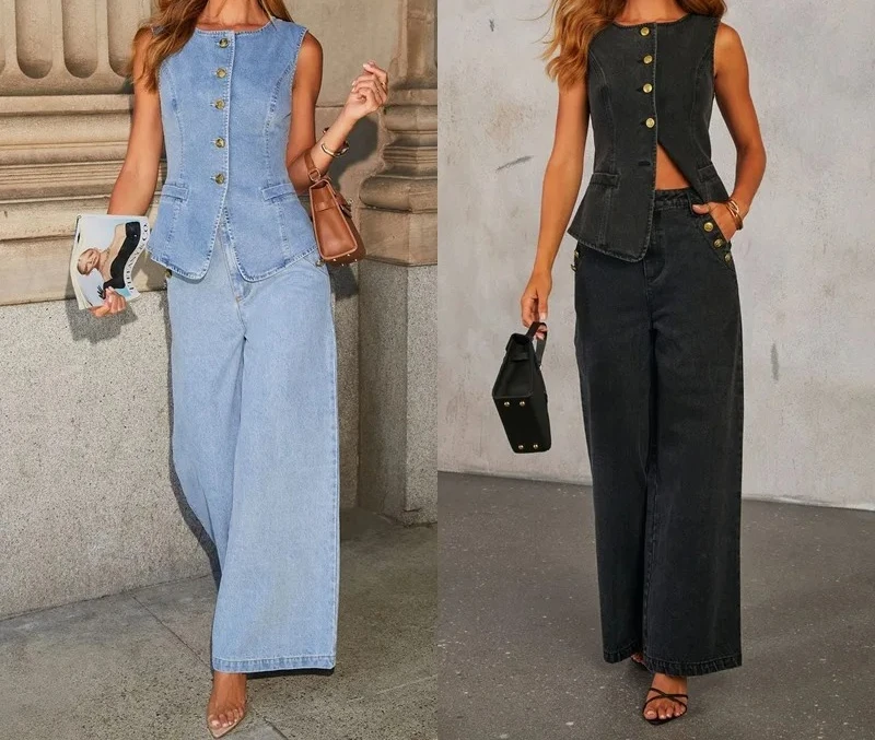 

Women's Clothing Two-Piece Suit round Ne Button Closure Long Pants Faionable Ele Svel Vest Wide Leg Jeans Set