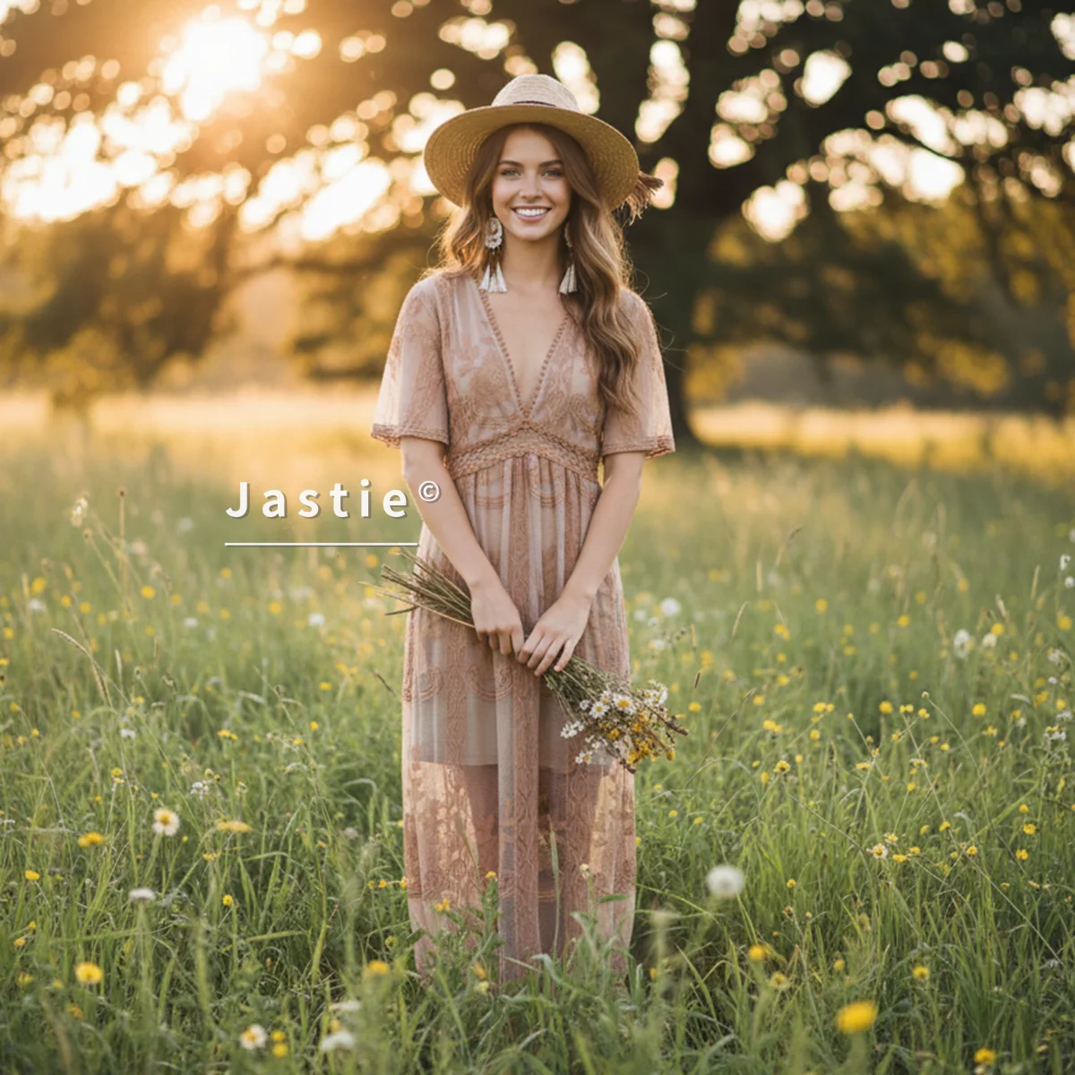 فستان ماكسي من الدانتيل المطرز باللون البني بوهو للنساء بياقة على شكل v وأكمام قصيرة وخصر مجوف فستان طويل للشاطئ للعطلات الصيفية فستان غير رسمي على شكل حرف a