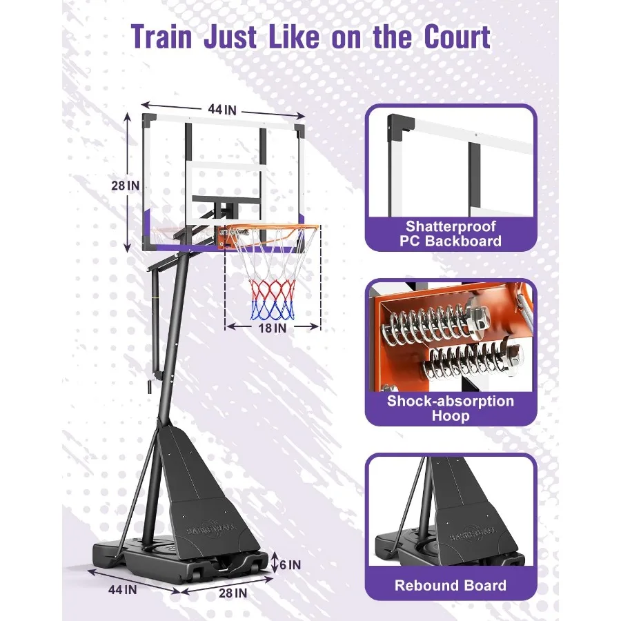 Ring Basket Luar Ruangan 44-48 Inci Papan Belakang PC Anti Pecah 5.25-10 Kaki Tinggi Dapat Disesuaikan Tanpa Tingkatan Ring Basket Portabel untuk T