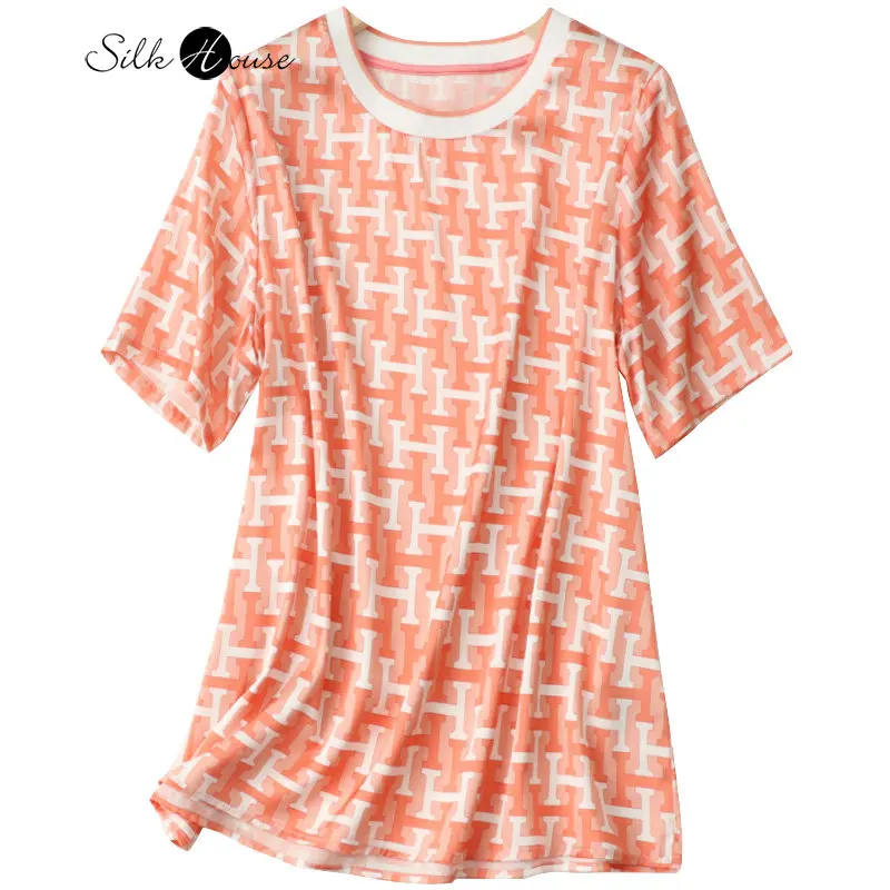 

2023 Summer Silk Short Sleeve Round Neck Pullover Loose Print Women's Fashion Top T-shirt