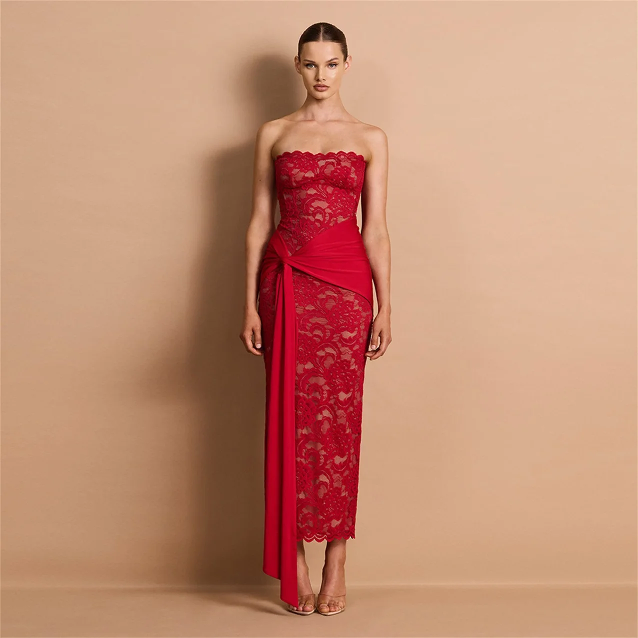 Red White Strapless Lace Prom Dress Draped Sash Tie Bodycon Maxi Party Gown Sexy Patchwork Glam Evening Wedding Robe