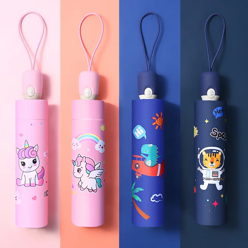 Paraguas plegable, lindo unicornio, dinosaurio, nave espacial, pequeño tigre, paraguas de protección solar de moda, paraguas con diseño de rayas reflectantes