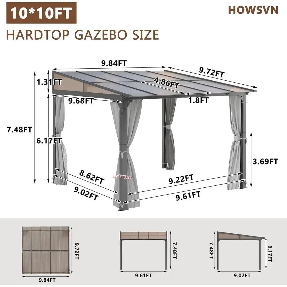 10'x10' Lean to Gazebo, Wall Mounted Gazebo with e, Curtains and Netting or Patio,Decks, Garden and Lawn