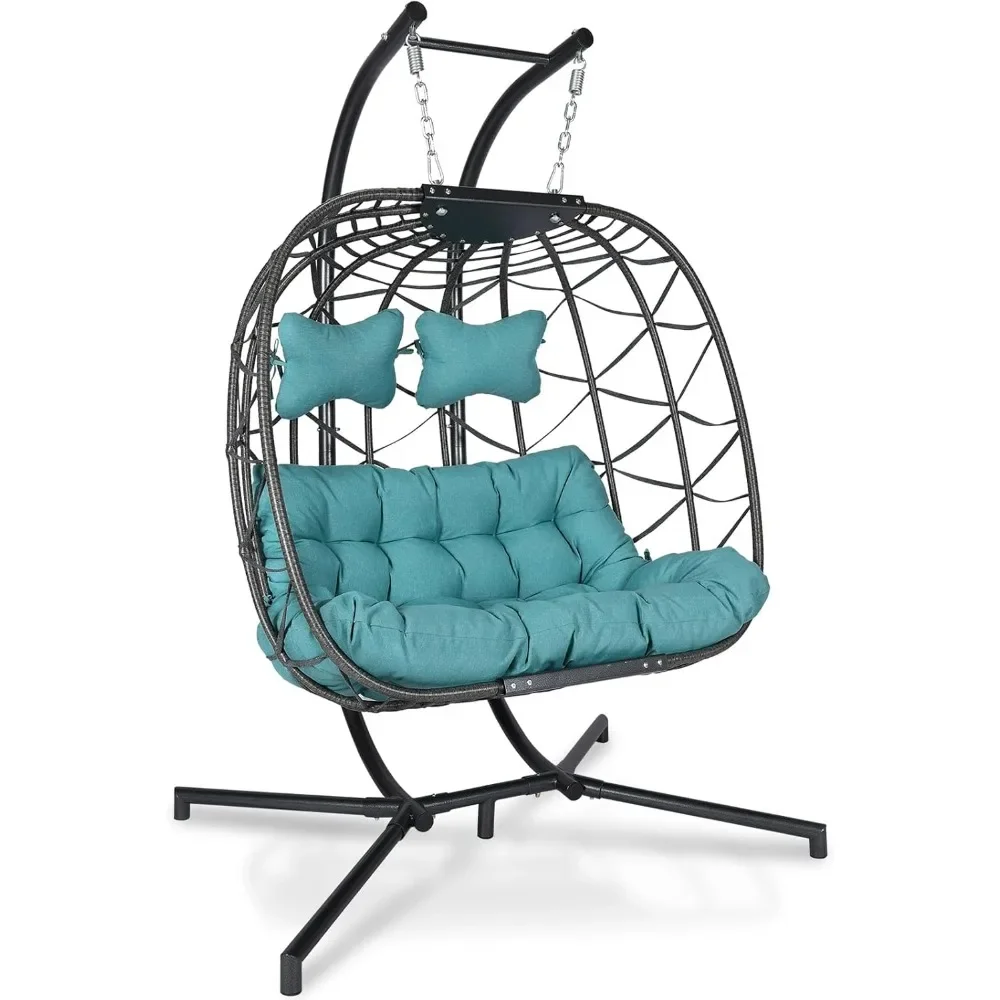 Oversized 2 Person Swing Egg Chair Double Hanging Egg Chair with Stand Extra Large Wicker Patio Twins Egg Basket Chair
