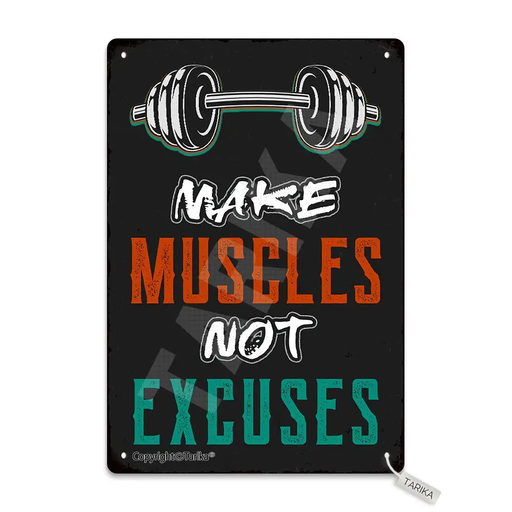 Fitness Metal Signs, Make Muscles Not Excuses 20X30 cm Iron Retro Look Decoration Painting Sign for Home Gym Training Room Bedro